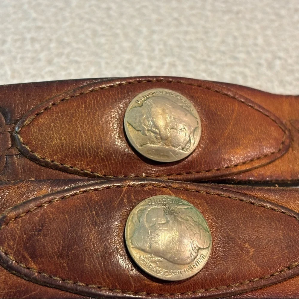 Vintage 70’s Solid Brass Indian Head Nickel Belt Buckle Genuine Leather Belt Sma